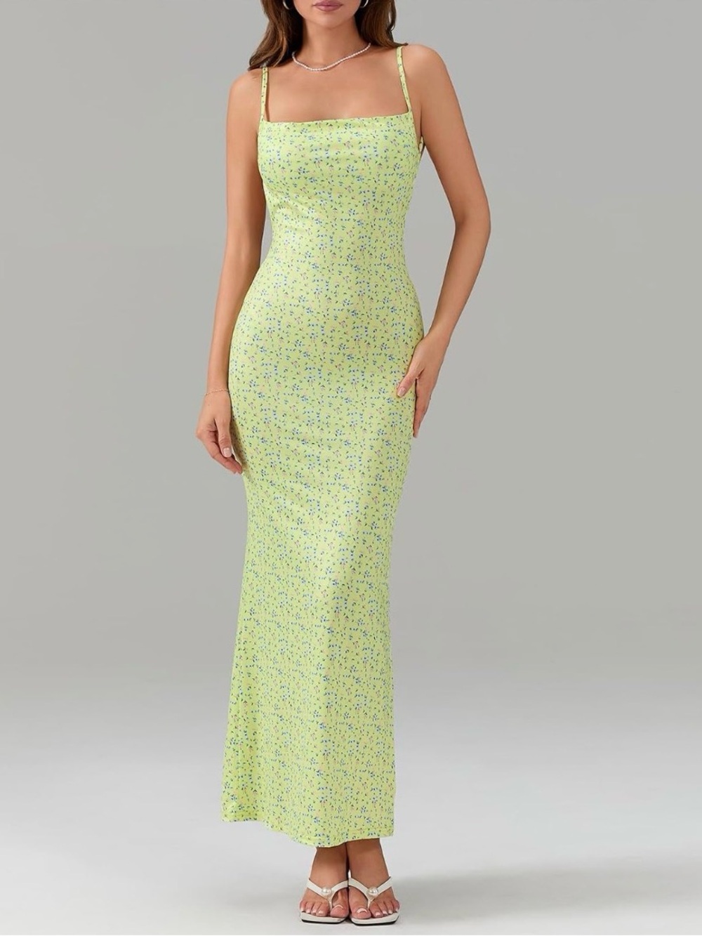 SHEIN Square Cowl Neck Spaghetti Strap Maxi Dress in Yellow with Floral Print Lg